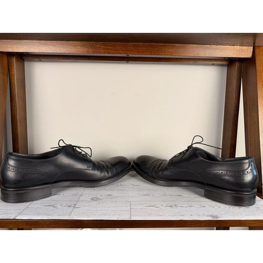 HUGO BOSS Mens‎ Black Leather Cap Toe Oxford 10 Dress Shoes Made in Italy